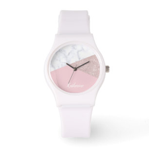 Elegant girale roos goud glitter witte marmer roze horloge