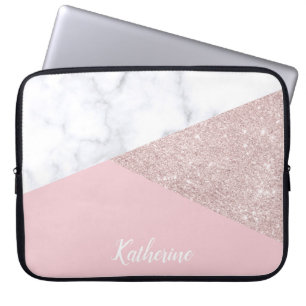 Elegant girale roos goud glitter witte marmer roze laptop sleeve