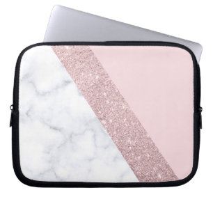 elegant girale roos goud glitter witte marmer roze laptop sleeve