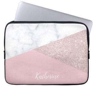 Elegant girale roos goud glitter witte marmer roze laptop sleeve