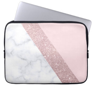 elegant girale roos goud glitter witte marmer roze laptop sleeve