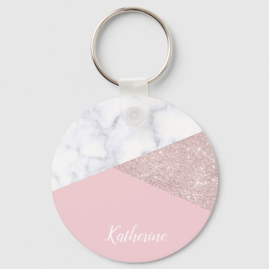 Elegant girale roos goud glitter witte marmer roze sleutelhanger (Voorkant)
