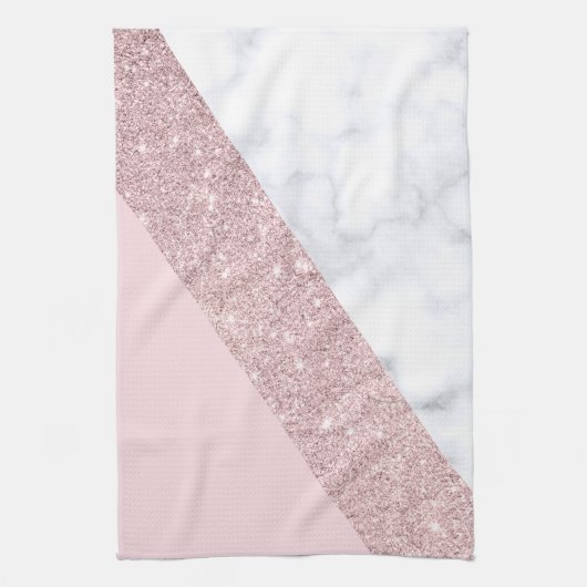 elegant girale roos goud glitter witte marmer roze theedoek (Verticaal)