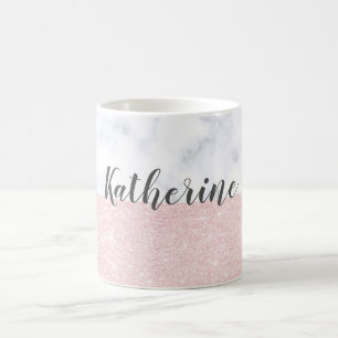 Elegant girale roos goudglitter en witte marmer koffiemok
