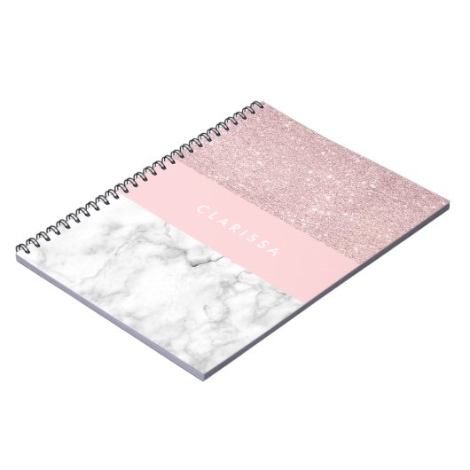 Elegant girale roos goudglitter en witte marmer notitieboek (Linkerzijde)