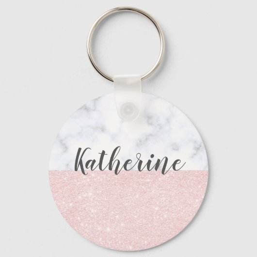 Elegant girale roos goudglitter en witte marmer sleutelhanger (Voorkant)