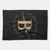 Elegant Girly Black Gold Monogram Name Script Theedoek (Horizontaal)