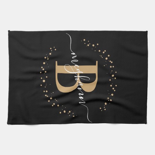 Elegant Girly Black Gold Monogram Name Script Theedoek (Horizontaal)