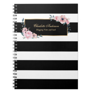 Elegant Girly Black White Stripes Pink Floral Notitieboek