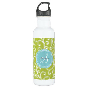 Elegant girly groen bloemenpatroonmonogram waterfles 