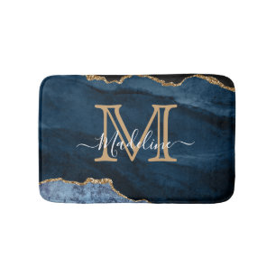 Elegant Girly Navy Blue Gold Agate Geode Monogram Badmat