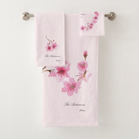 Elegant Girly Pink Cherry Blossom Floral Pattern Bad Handdoek (Insitu)