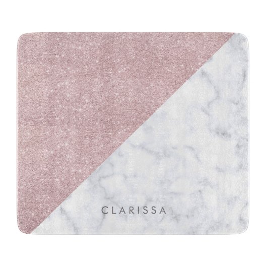 Elegant girly roos goudglitter witte marmer snijplank (Voorkant)