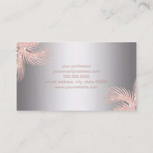 Elegant girly roos goudglitter zilveren palmmake-u visitekaartje (Achterkant)