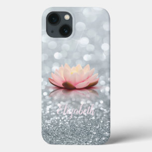 Elegant Girly Silver Glittery Bokeh Lotus iPhone 13 Hoesje