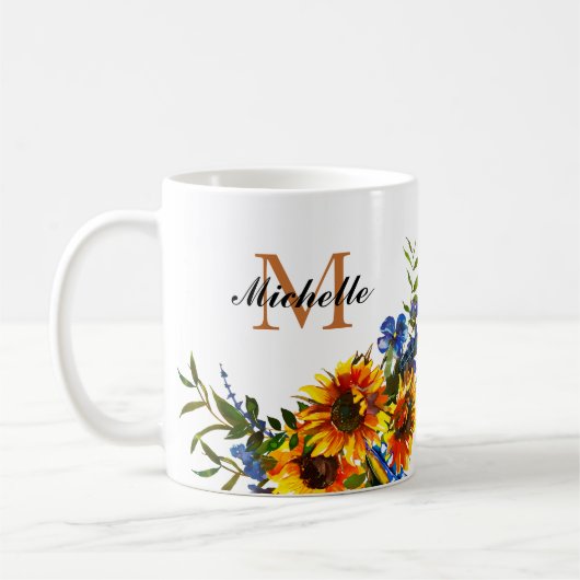 Elegant Girly Yellow Sunflower Naam Monogram Mok (Links)