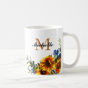 Elegant Girly Yellow Sunflower Naam Monogram Mok
