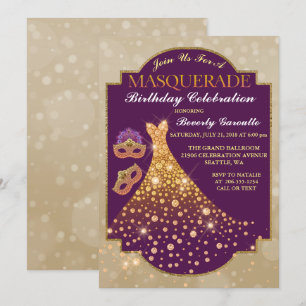Elegant Glam Birthday Masquerade Invitation Kaart