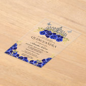 Elegant Glam Blauw Bloemen Zilver Tiara Quinceaner Acryl Uitnodigingen (Laagn)