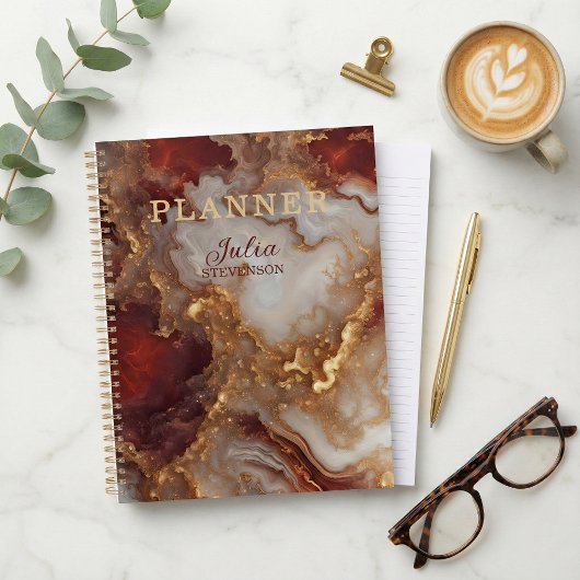 Elegant Glam Burgundy Red Gold Liquid Marble Agate Planner
