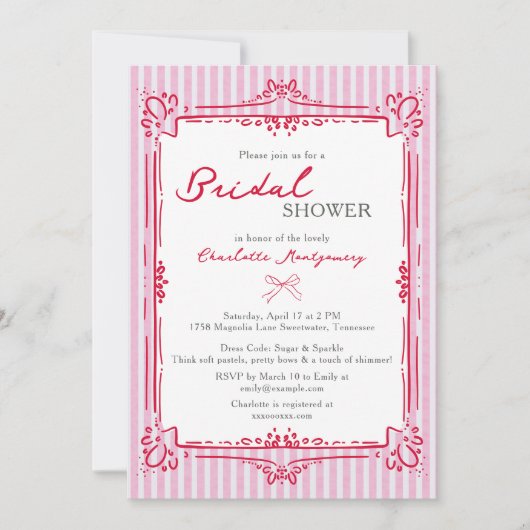 Elegant Glam Frame & Pink Stripes Bridal Shower Kaart (Voorkant)