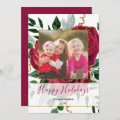 Elegant Glam Rood Roze Rozen Glitter Foto Feestdagenkaart (Voorkant / Achterkant)