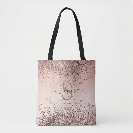 Elegant Glam Roos Gold Glitter Initialen Monogram Draagtas (Voorkant)