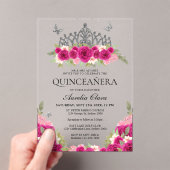 Elegant Glam Roze Bloemen Zilver Tiara Quinceanera Acryl Uitnodigingen (Insitu (Draagbaar))