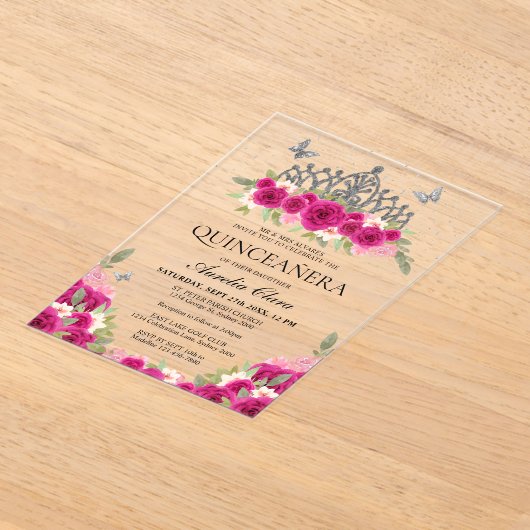 Elegant Glam Roze Bloemen Zilver Tiara Quinceanera Acryl Uitnodigingen (Laagn)