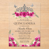 Elegant Glam Roze Bloemen Zilver Tiara Quinceanera Acryl Uitnodigingen (Voorkant)