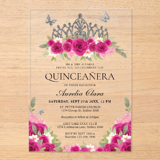 Elegant Glam Roze Bloemen Zilver Tiara Quinceanera Acryl Uitnodigingen (Voorkant)