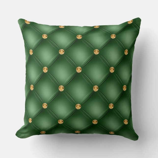 Elegant Glam Tufted Gold Diamond Emerald Green Kussen (Voorkant)