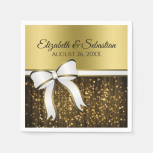 Elegant Glam White Ribbon & Gold Sparkles Weduwen Servet