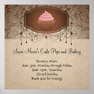 Elegant Glamor Mocha Damask Cupcake Design Sign Poster