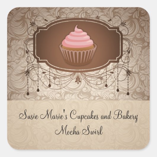 Élégant Glamor Mocha Damask Cupcake Sticker Étique (Devant)