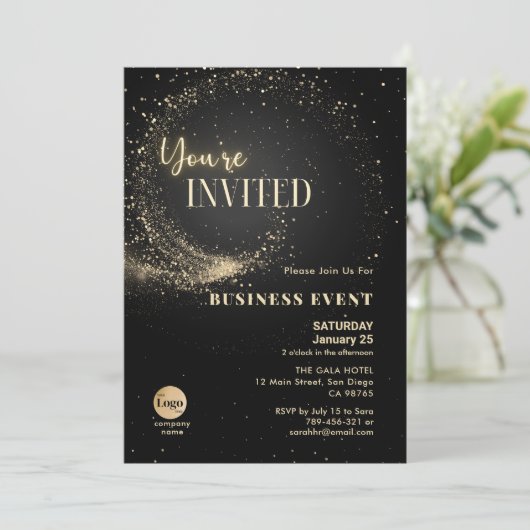 Elegant Glitter Black en Gold Business Event Kaart (Staand voorkant)
