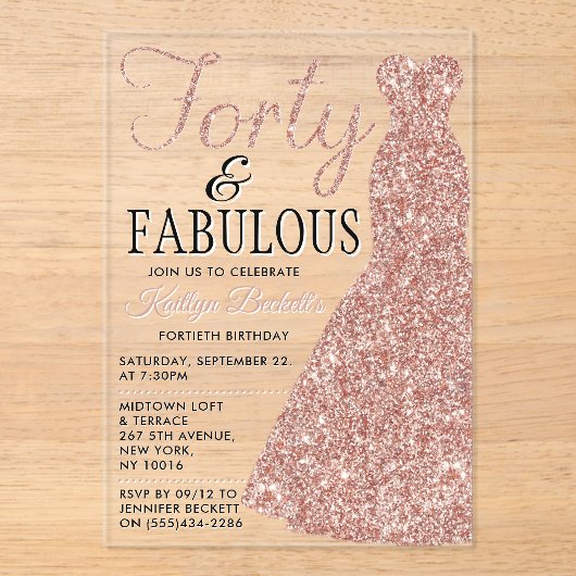 Elegant Glitter Dress | Veertig jaar en feestdag Acryl Uitnodigingen (Voorkant)