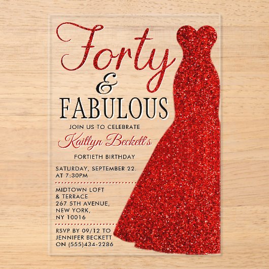 Elegant Glitter Dress | Veertig jaar en feestdag Acryl Uitnodigingen (Voorkant)