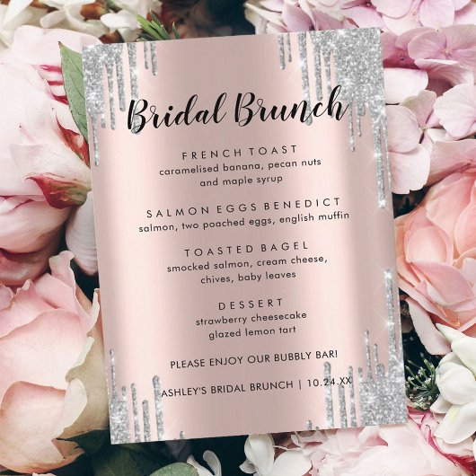 Elegant Glitter Drift Bridal Brunch Menu Kaarten