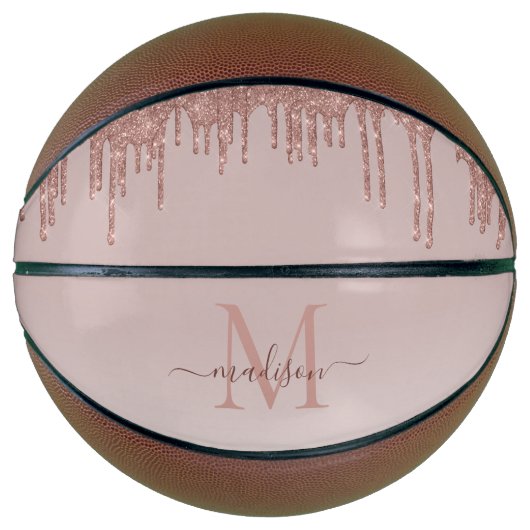 Elegant Glitter Drift Roos Gold Monogram Script Basketbal (Voorkant)