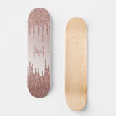 Elegant Glitter Drift Roos Gold Monogram Script Skateboard (Voorkant)