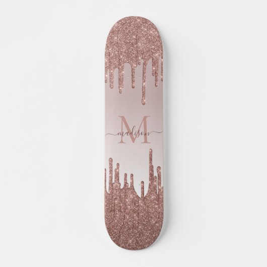 Elegant Glitter Drift Roos Gold Monogram Script Skateboard (Voorkant)