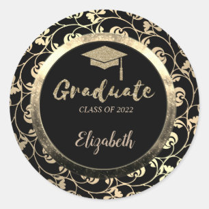Elegant Glitter Gold Afstudeerder Pet, Floral Ronde Sticker
