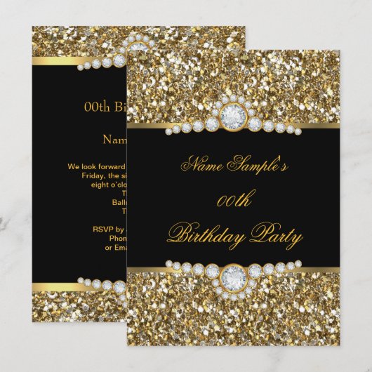 Elegant Glitter Gold Black Diamond Birthday Kaart (Voorkant / Achterkant)
