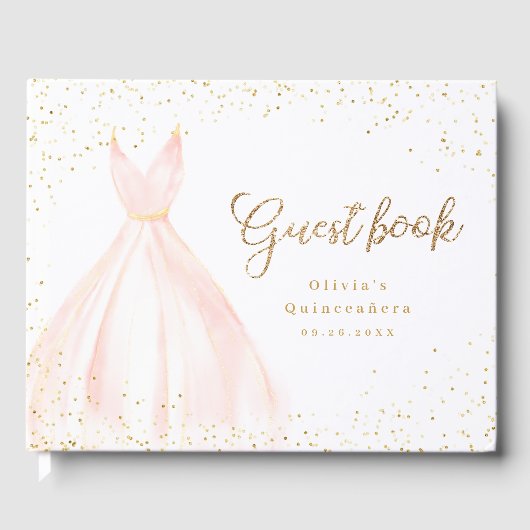 Elegant glitter gold en blush jurk quinceañera gastenboek (Voorkant)