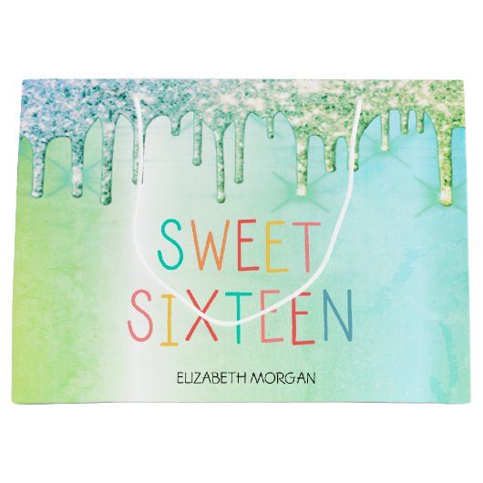 Elegant Glitter Groen Drips Kleurrijk Zoet 16 Groot Cadeauzakje (Voorkant)