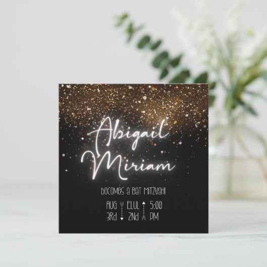 Elegant Glitter Hebrew Bat Mitzvah Uitnodiging (Staand voorkant)