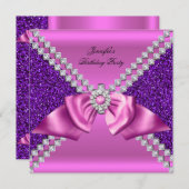 Elegant Glitter Paars Pink Diamond Bow Birthday Kaart (Voorkant / Achterkant)