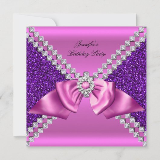 Elegant Glitter Paars Pink Diamond Bow Birthday Kaart (Voorkant)