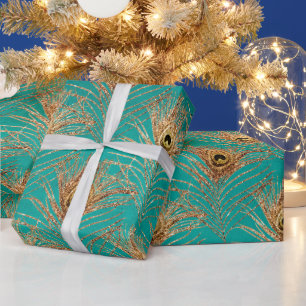 Elegant Glitter Peacock-feaderpatroon Cadeaupapier